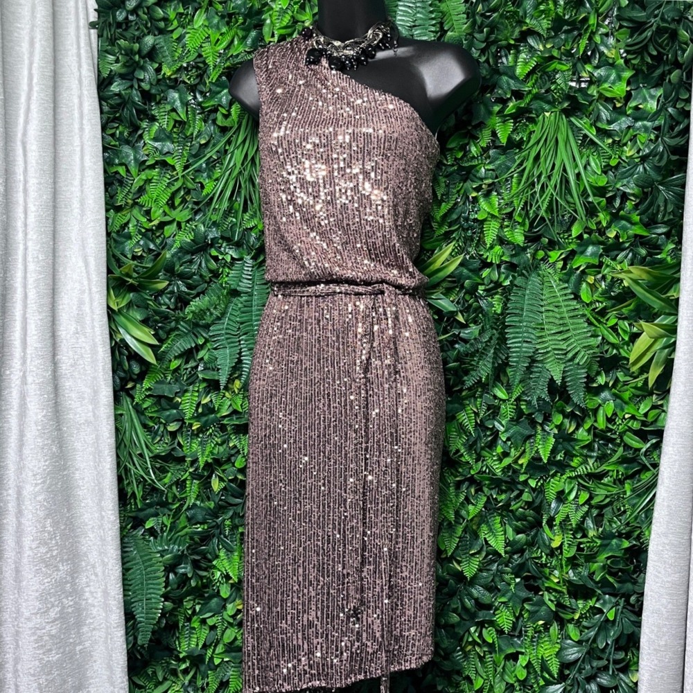Nightway Dress Size 10 Bronze Sequin One Shoulder Midi Cocktail Glam NEW 4218